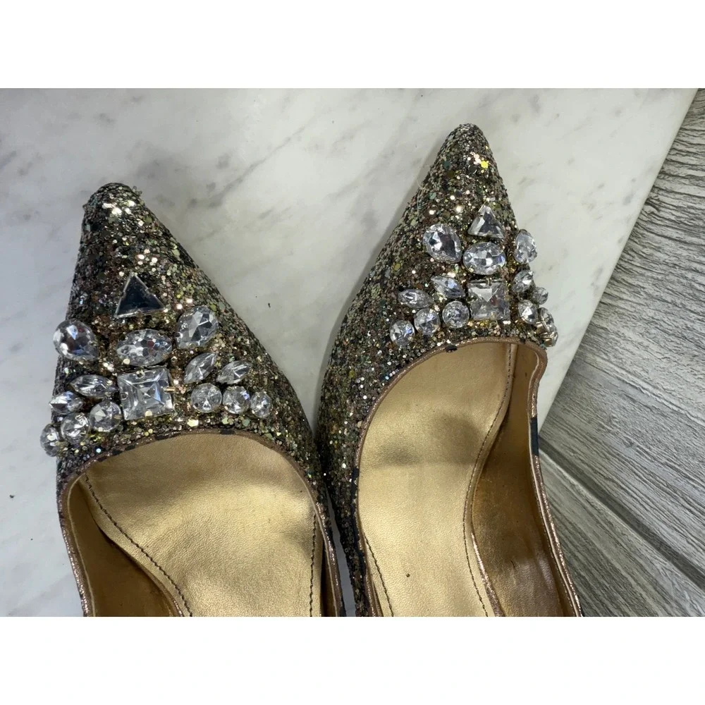 Belle Badgley Mischka Womens Gold Glitter Crystal Embellished Pumps Heels 8.5